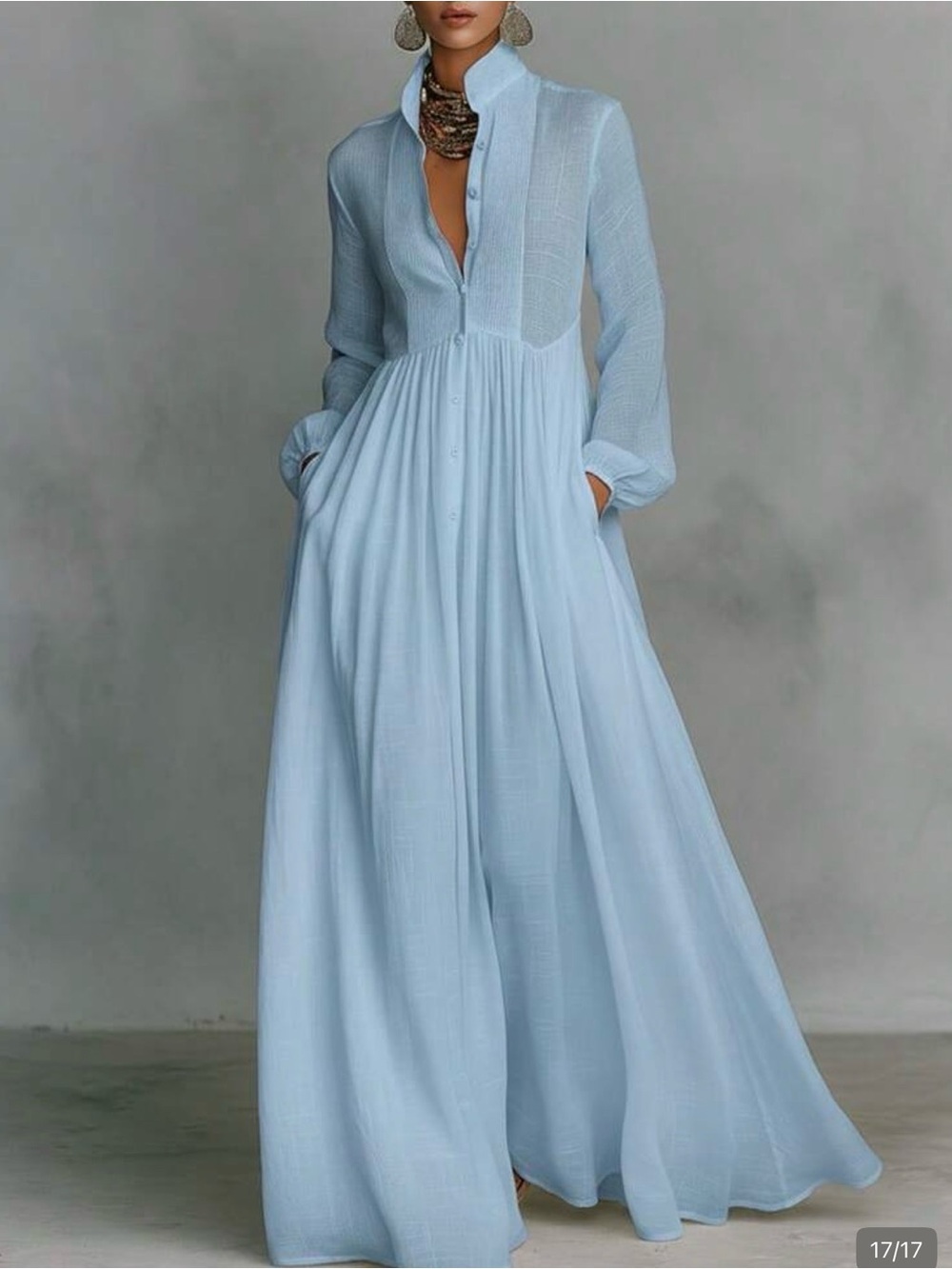 Light Blue Maxi Dress with Button Front and Stand Collar
